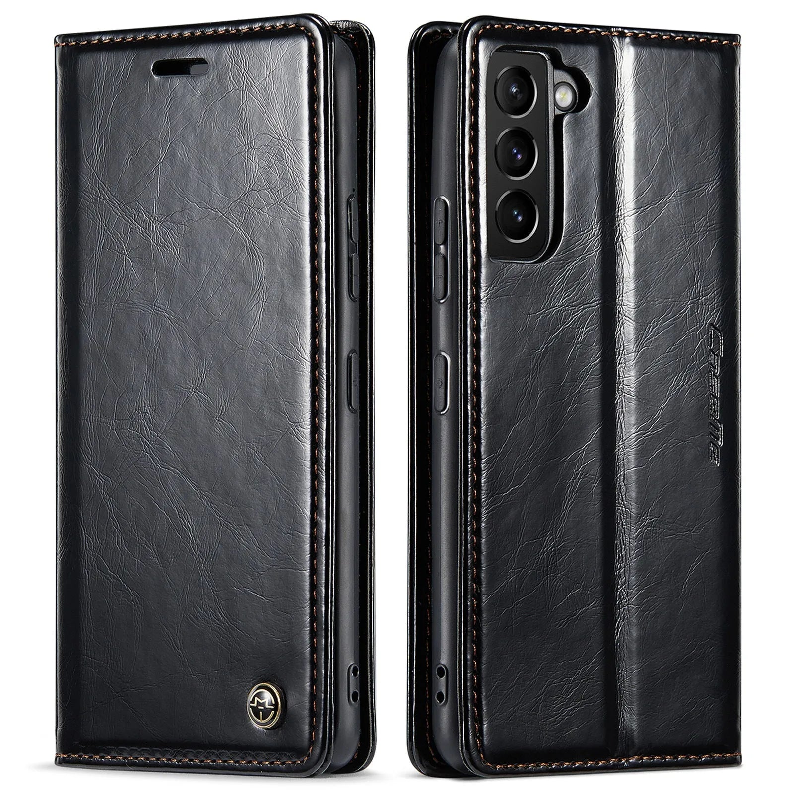 Crazy Horse pattern card flip phone case for Samsung A55 in black PC leather