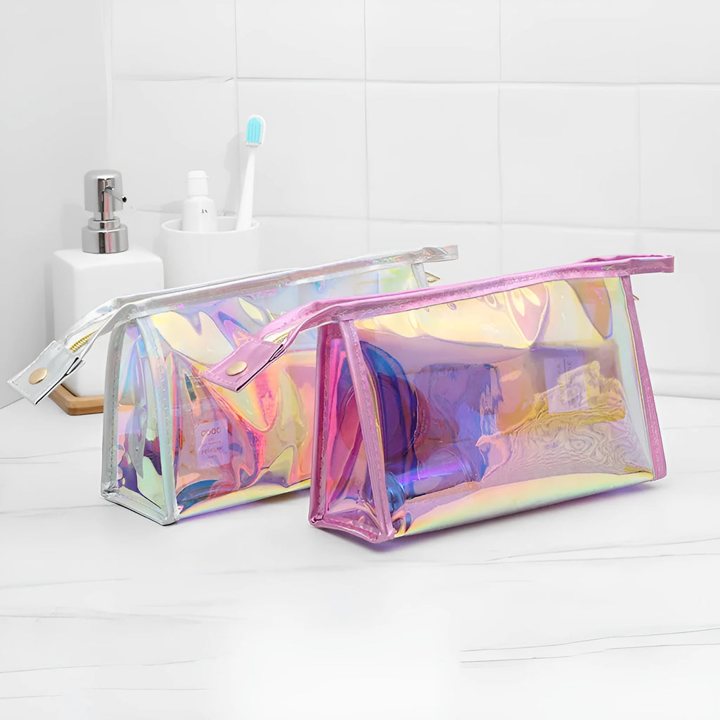 Transparent laser PVC cosmetic bag with zip closure, 22x7x14cm, on a flat surface