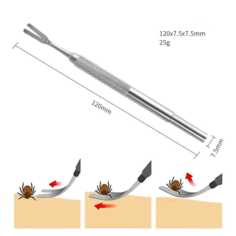 Silver stainless steel tick tweezers with fine-point tip for pet tick removal