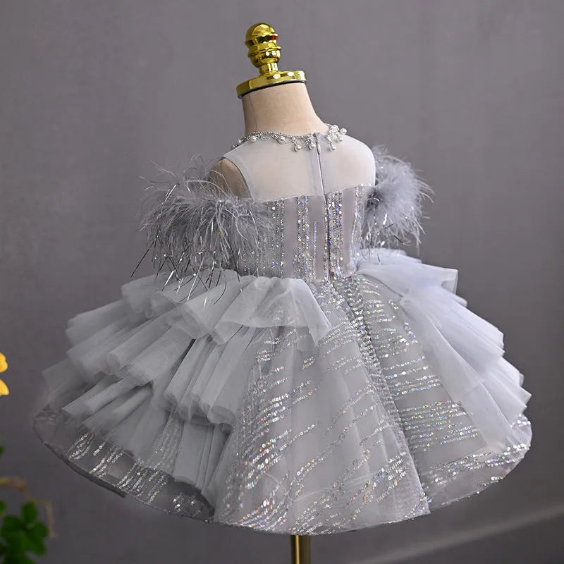 Light grey tulle tutu flower girl dress in polyester with princess element, sizes 80cm to 150cm