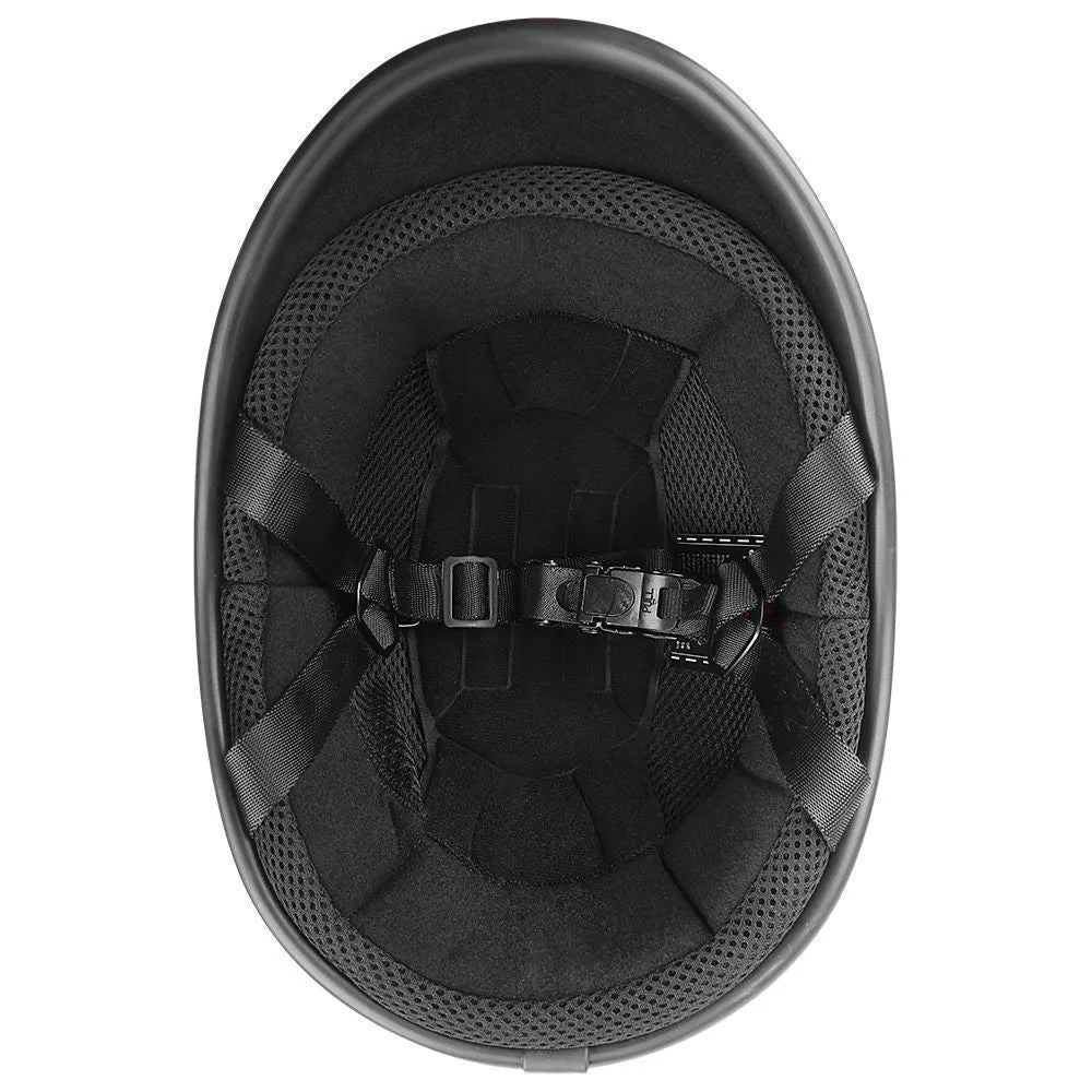 Retro motorcycle helmet in matte black with a hand-curved ABS shell on a neutral background.