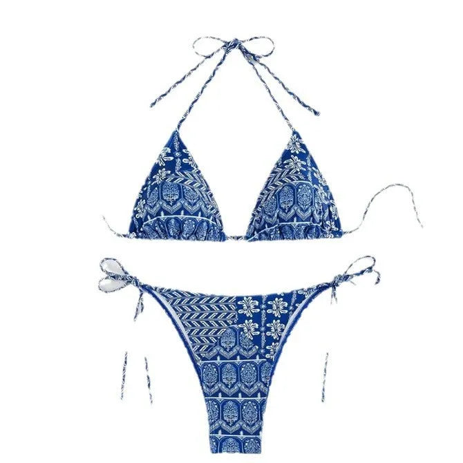 Women's split bikini bandage swimsuit in polyester fabric with printing stitching details