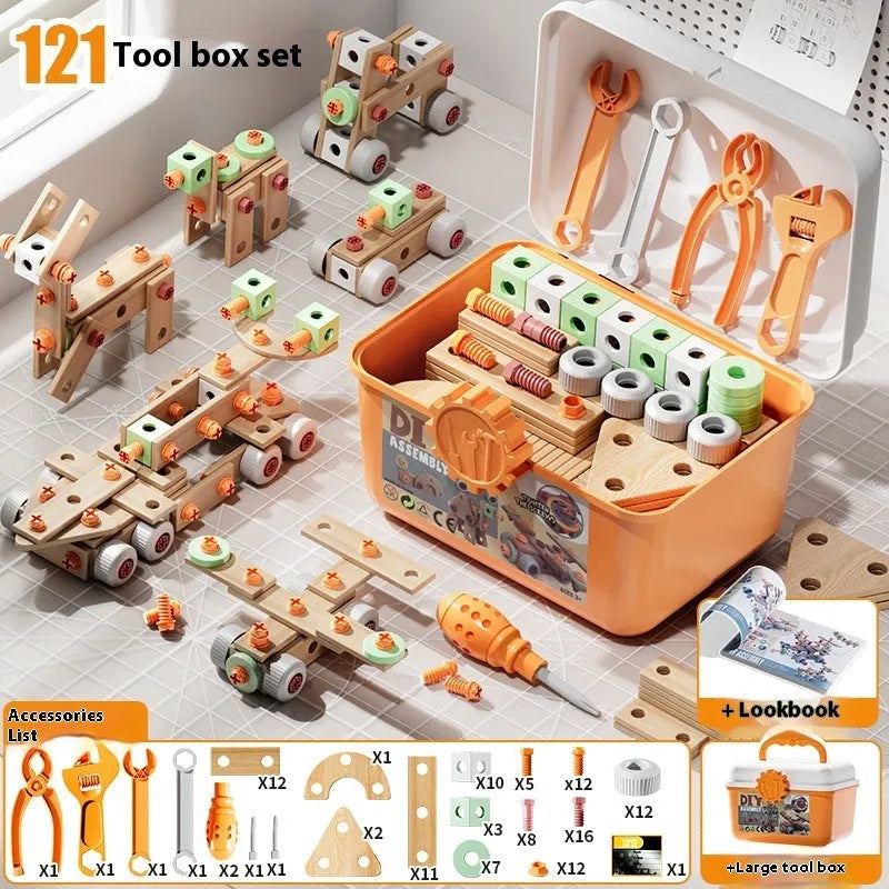 Children's plastic screw toy assembly set with colourful building blocks and storage box for boys aged 3-6