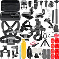 Black GoPro camera accessories set showing chest strap mount, helmet adapter, and portable tripod.