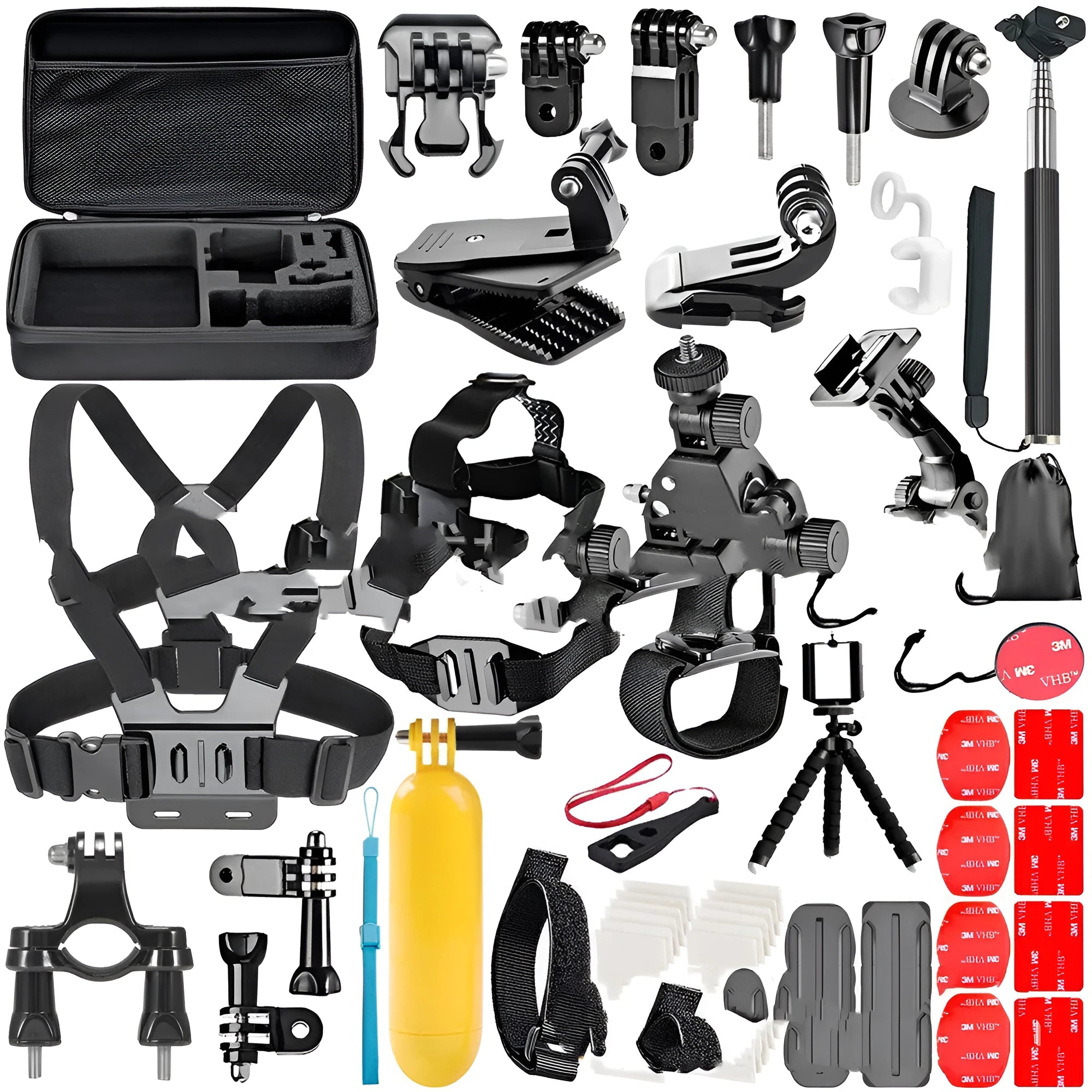 Black GoPro camera accessories set showing chest strap mount, helmet adapter, and portable tripod.