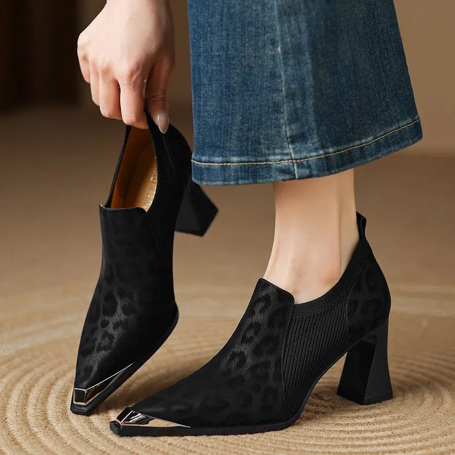 British leopard print metal head women's chunky heel high heels in black with pointed toe and waterproof platform