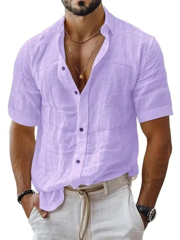 Men's short sleeve lapel shirt in polyester blend fabric showing cardigan style and lapel collar