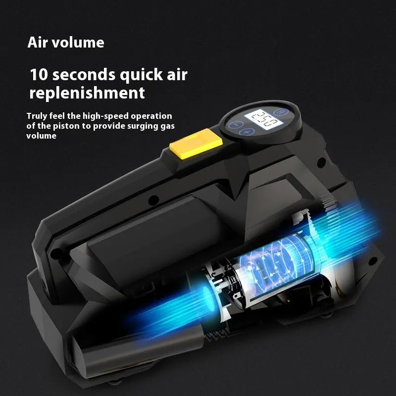 Black portable car tyre inflator with digital display and hose, shown with 12V power plug