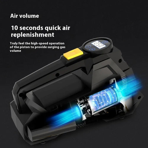 Black portable car tyre inflator with digital display and hose, shown with 12V power plug