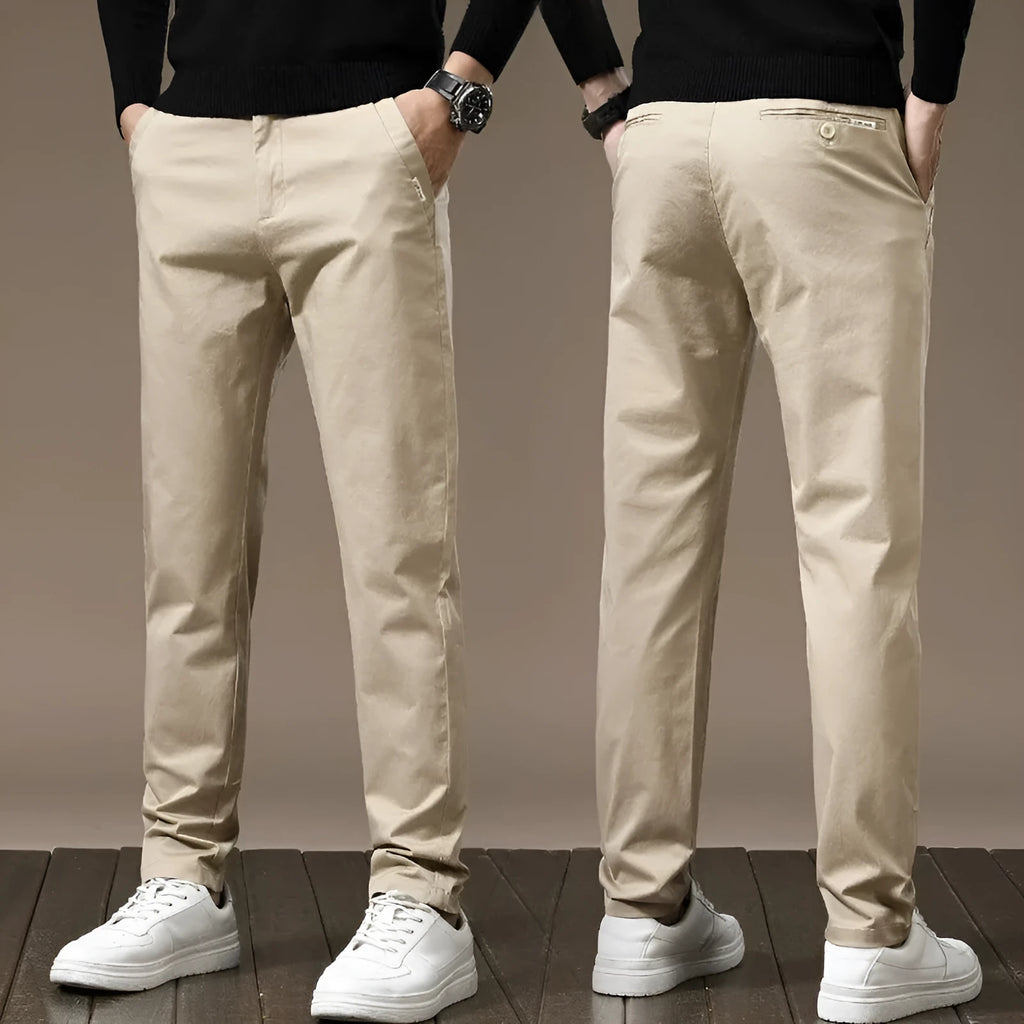 Combed cotton light business casual trousers for men, mid waist, medium elastic, available in black, dark gray, khaki, grass gray, sizes 28 to 36
