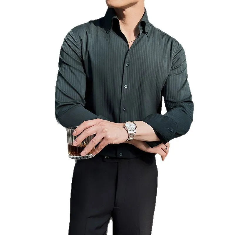 Men's dark striped V-neck long sleeve cardigan shirt in chemical fiber blend fabric