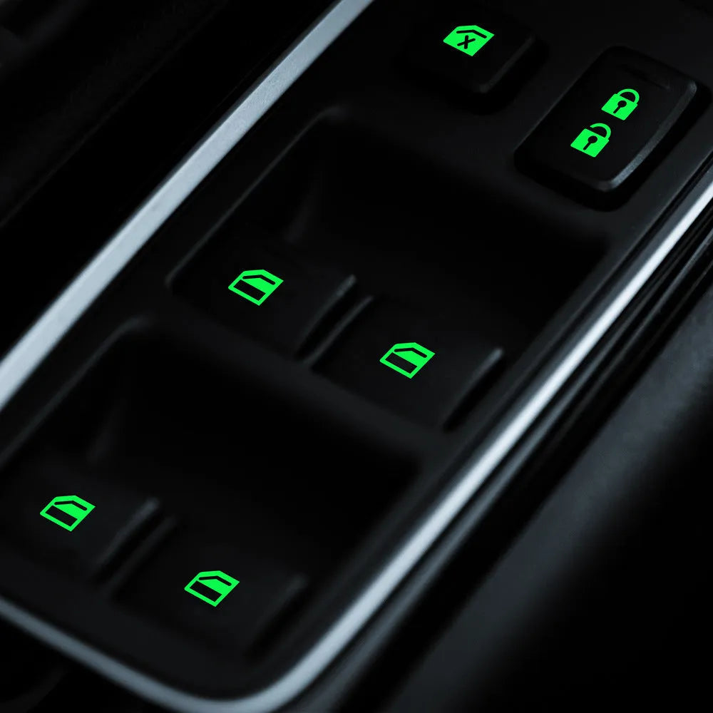 Car window luminous key sticker in Blue Green and Orange on window button