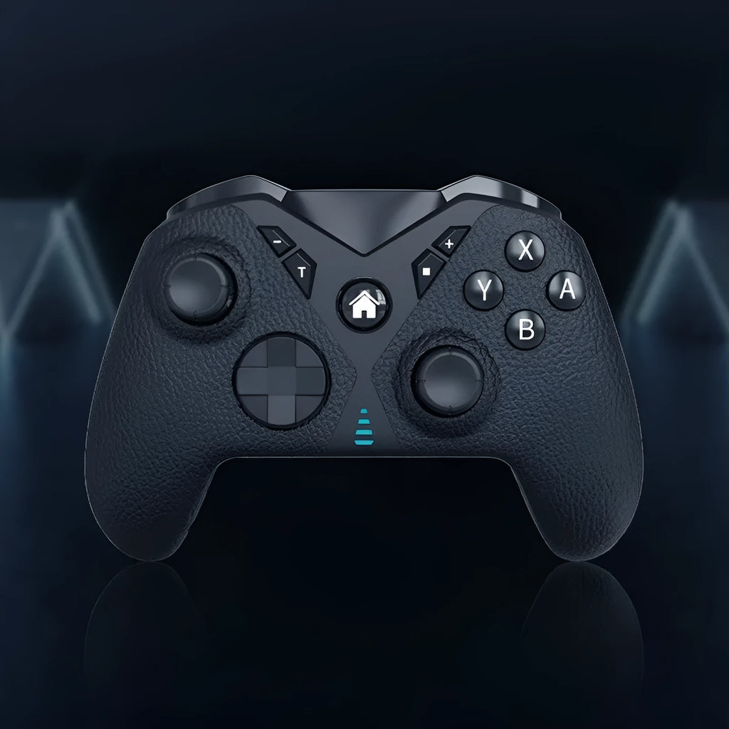 Black wireless game controller with leather-like texture, shown front and back, with Type-C port.