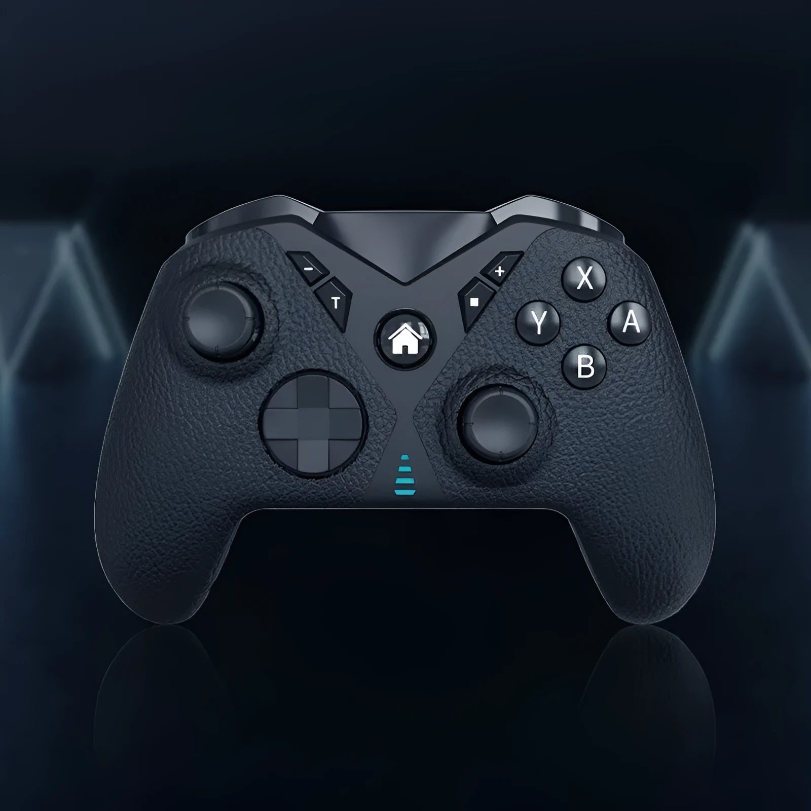 Black wireless game controller with leather-like texture, shown front and back, with Type-C port.