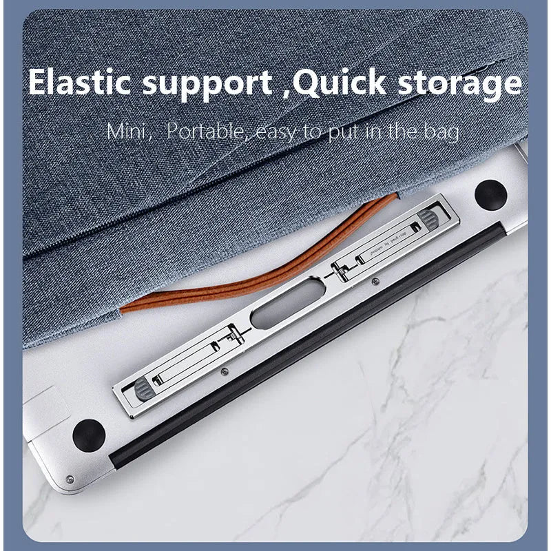 Aluminium alloy adjustable laptop cooling stand in silver or dark grey on a desktop