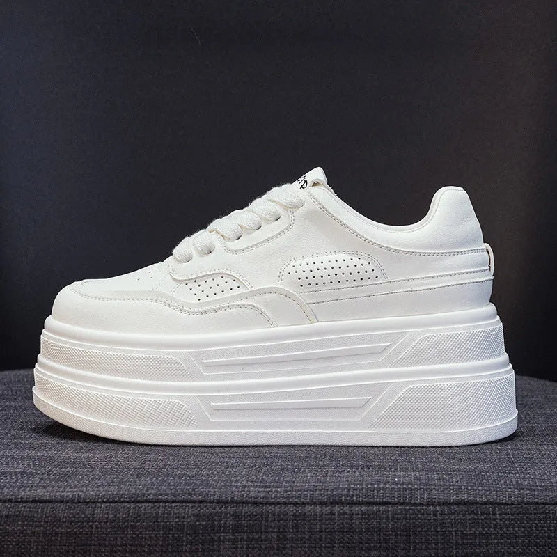 Creamy white beige leather platform casual shoes with lace-up and cross strap closure, round toe, low top, high heel 6-8cm