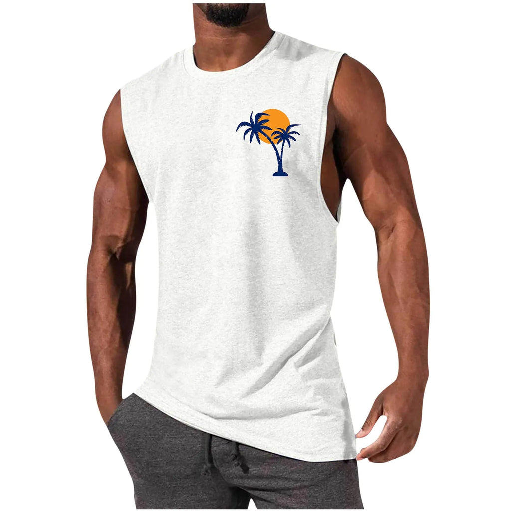 Mens loose sleeveless vest with digital print, straight hem, polyester milk silk fabric, summer casual top