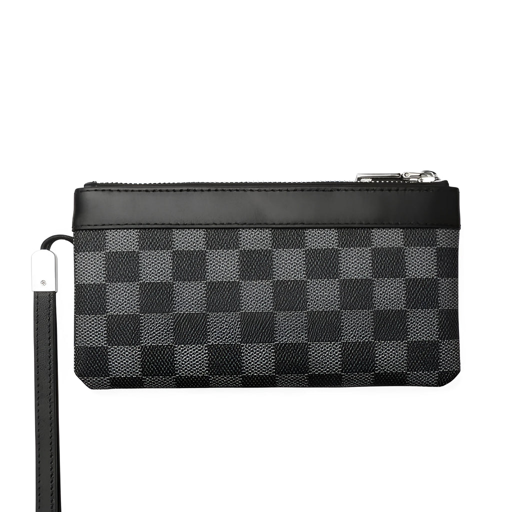 Men's black leather plaid clutch wallet showing 20x10 cm dimensions and cowhide material