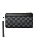 Men's black leather plaid clutch wallet showing 20x10 cm dimensions and cowhide material