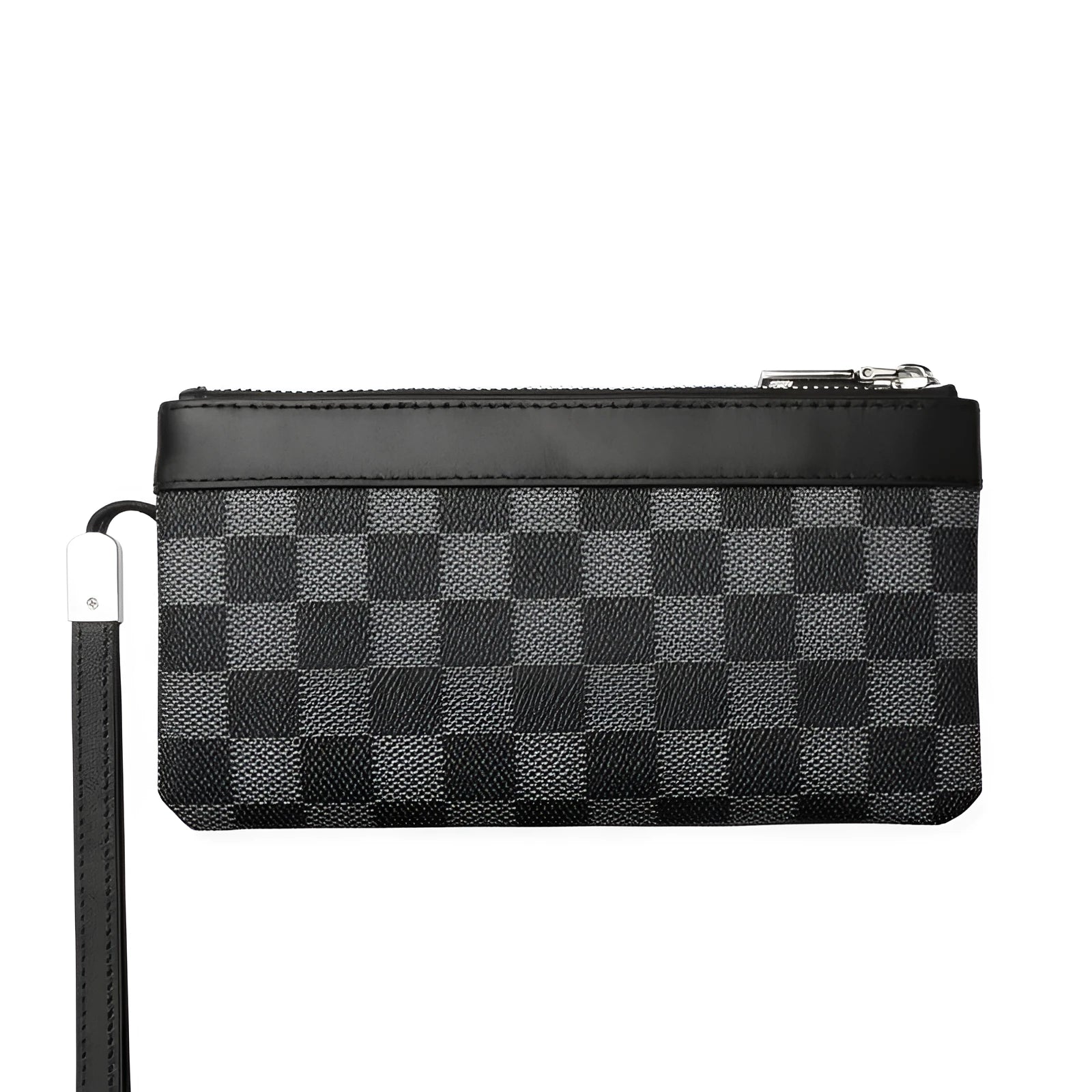 Men's black leather plaid clutch wallet showing 20x10 cm dimensions and cowhide material