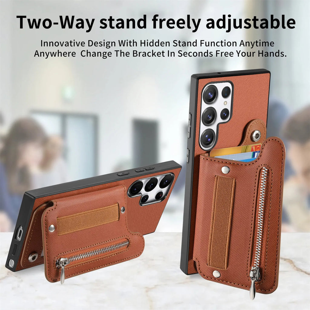 Wristband wallet card holder phone case in imitation leather with embossed finish for Samsung, featuring bracket and multiple colours