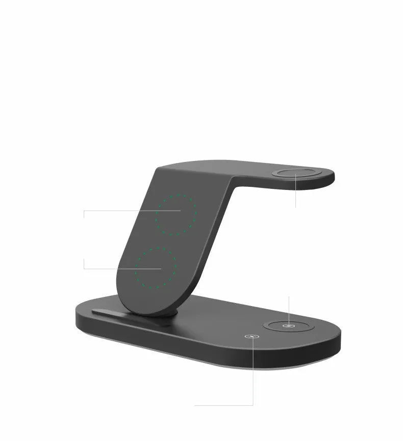 Three-in-one fast wireless charger in black or white for phone, watch, and headphones