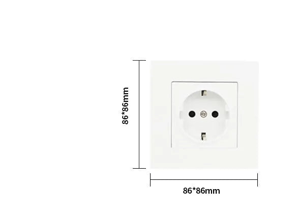16A 25V white PC wall socket with black safety shutter and screw fixings on white background