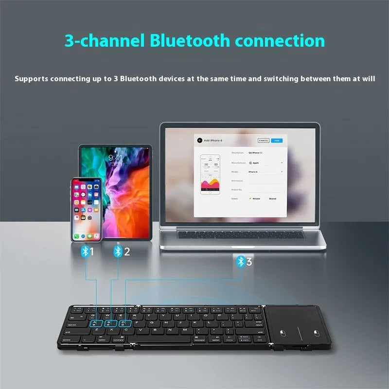 Black folding Bluetooth keyboard for mobile phones and tablets shown in open and closed positions