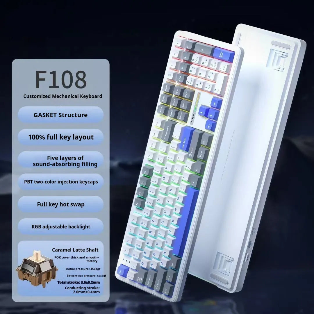 F108pro wireless mechanical keyboard in Milk Brown colour with USB cable and spare switch