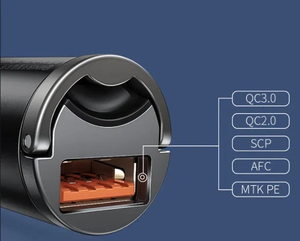 Electro-optical grey 30W USB car charger with a 1 metre long cable plugged into a vehicle socket.