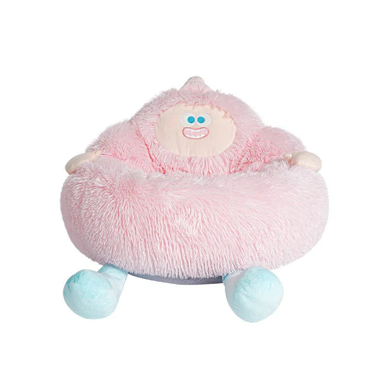 Grey raised-rim plush pet nest bed for a dog, showing thick sides and soft interior.
