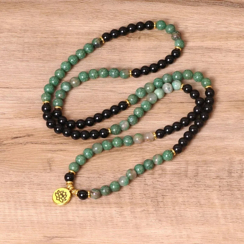 Green and black alloy elastic beaded long bracelet with stretch fit