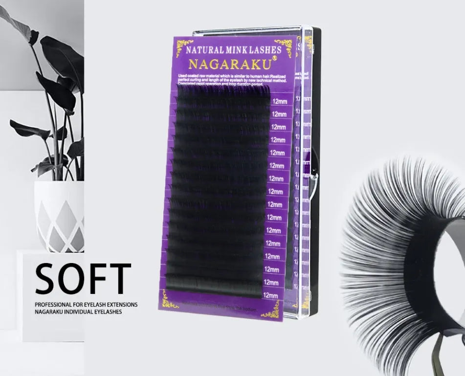 16 rows faux mink individual eyelash lashes on a white tray, soft silky cilia extensions for professional use