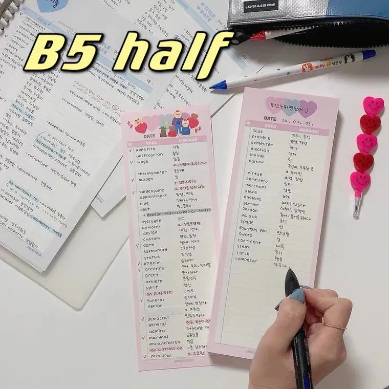 Vertical half-B5 notepad with blue cover, showing 30 pages for English word lists.