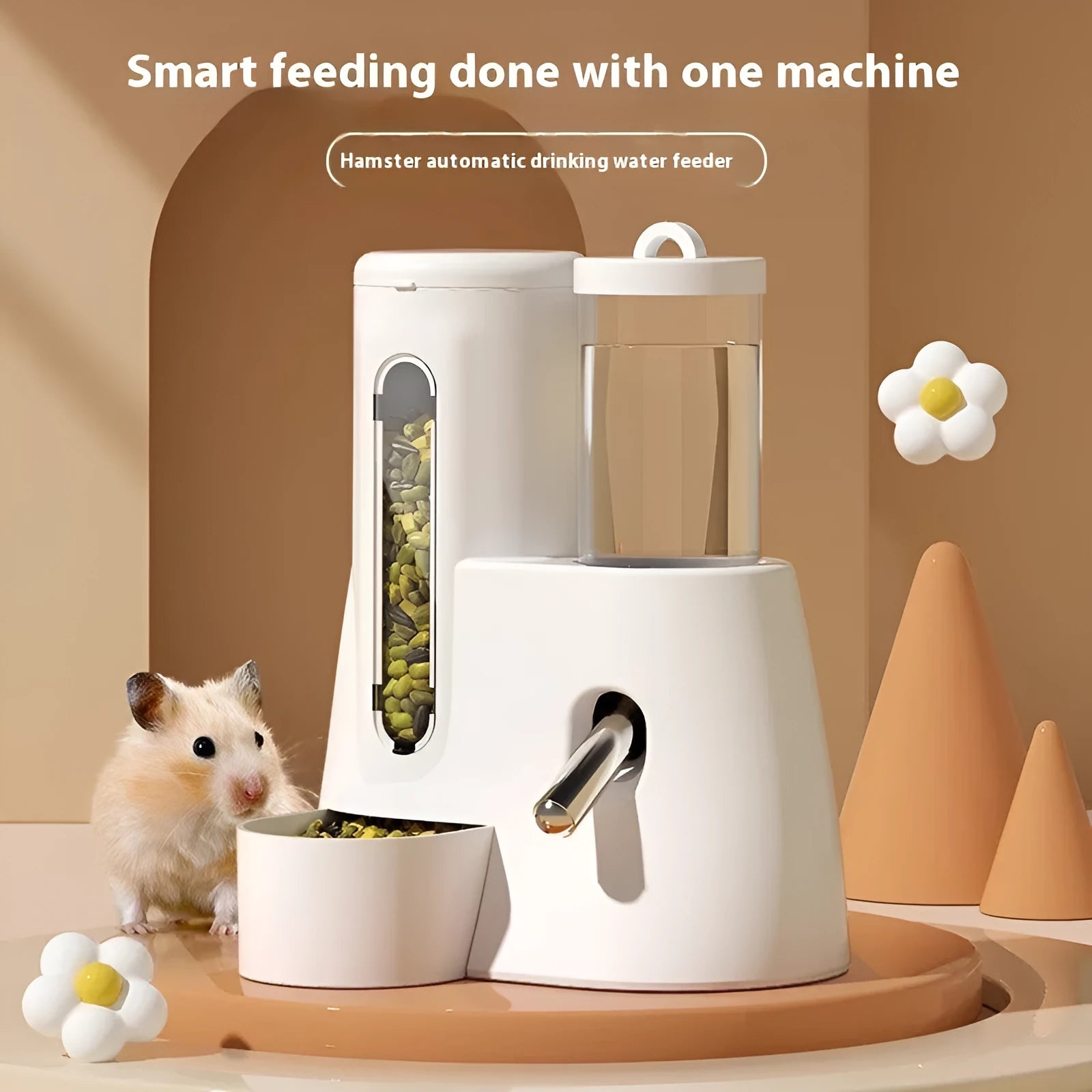 White automatic hamster water feeder and food bowl for dwarf hamsters on cage floor.