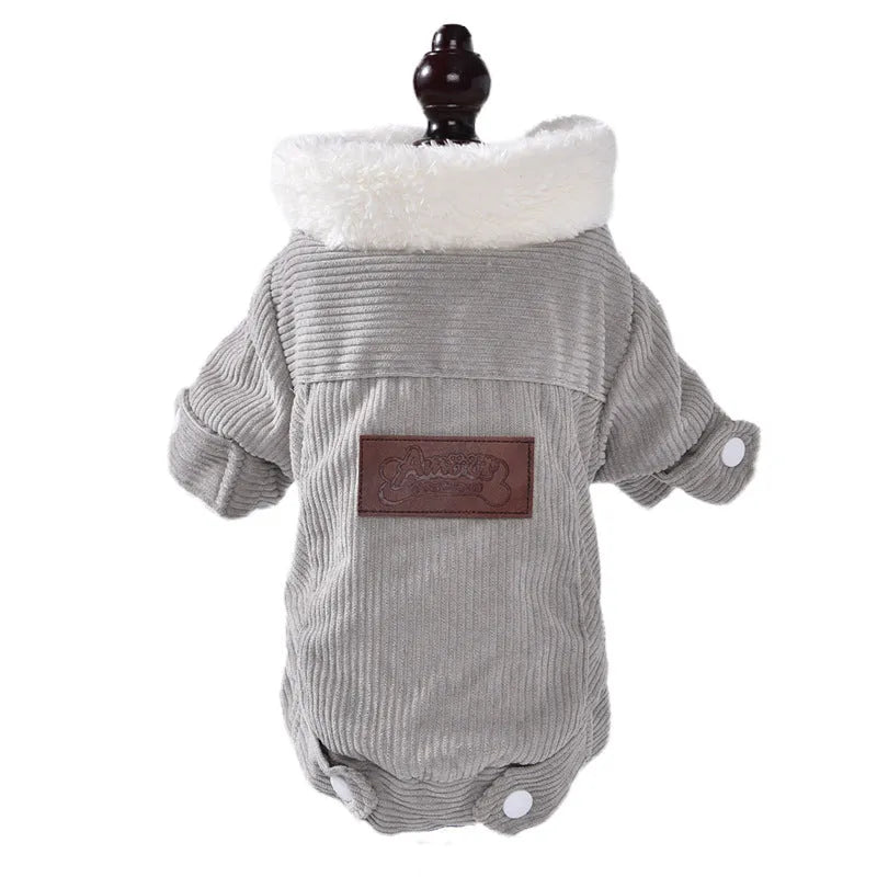 Grey lambswool dog vest with fleece lining, shown on a small dog.