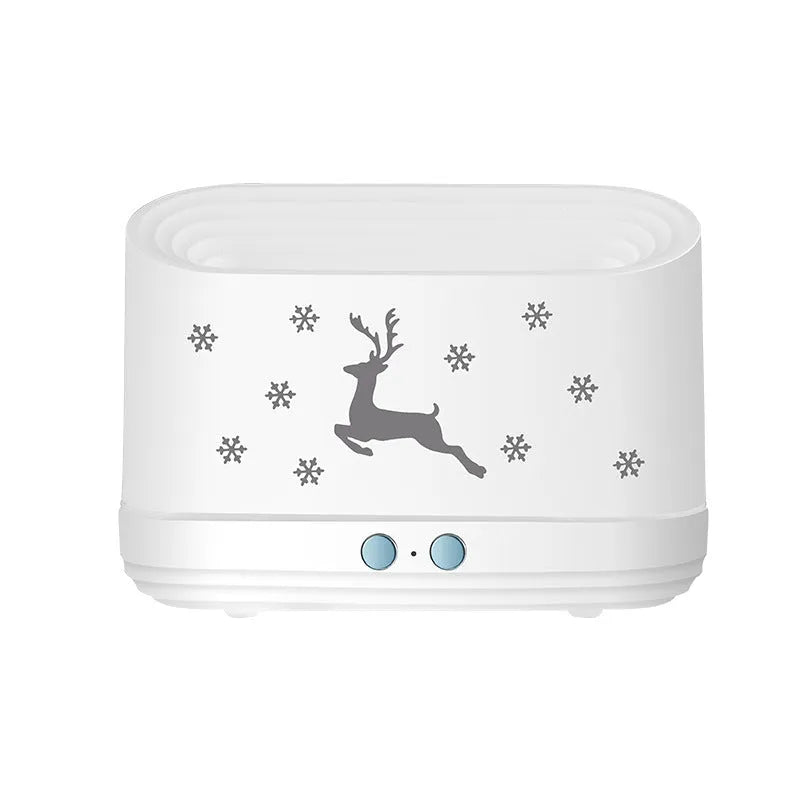 White round elk flame humidifier diffuser with USB cable, showing flame effect from mist and light on a desk