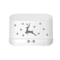 White round elk flame humidifier diffuser with USB cable, showing flame effect from mist and light on a desk