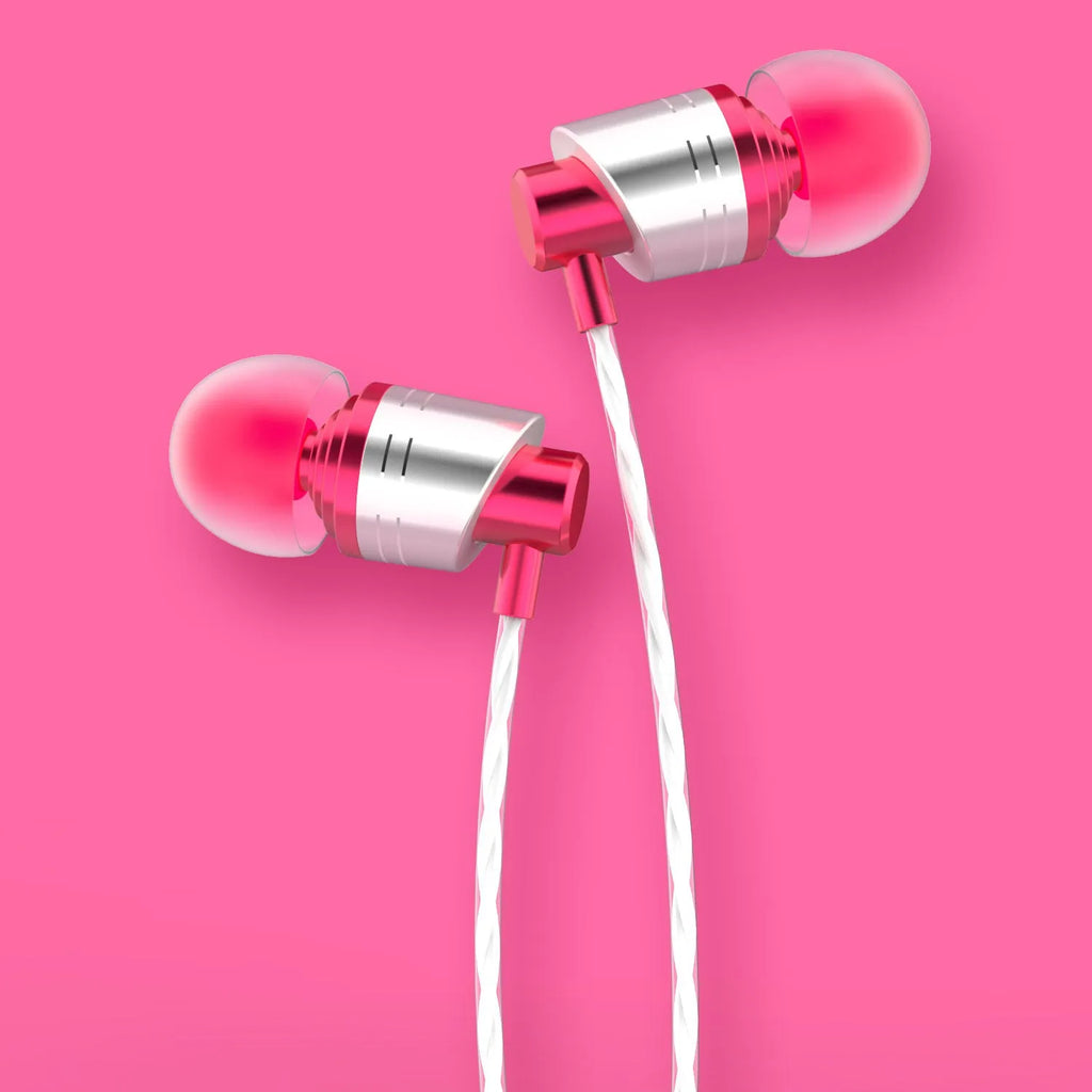 Wired in-ear headset with 3.5mm plug, microphone on cable, in black, blue, or red.