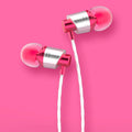 Wired in-ear headset with 3.5mm plug, microphone on cable, in black, blue, or red.
