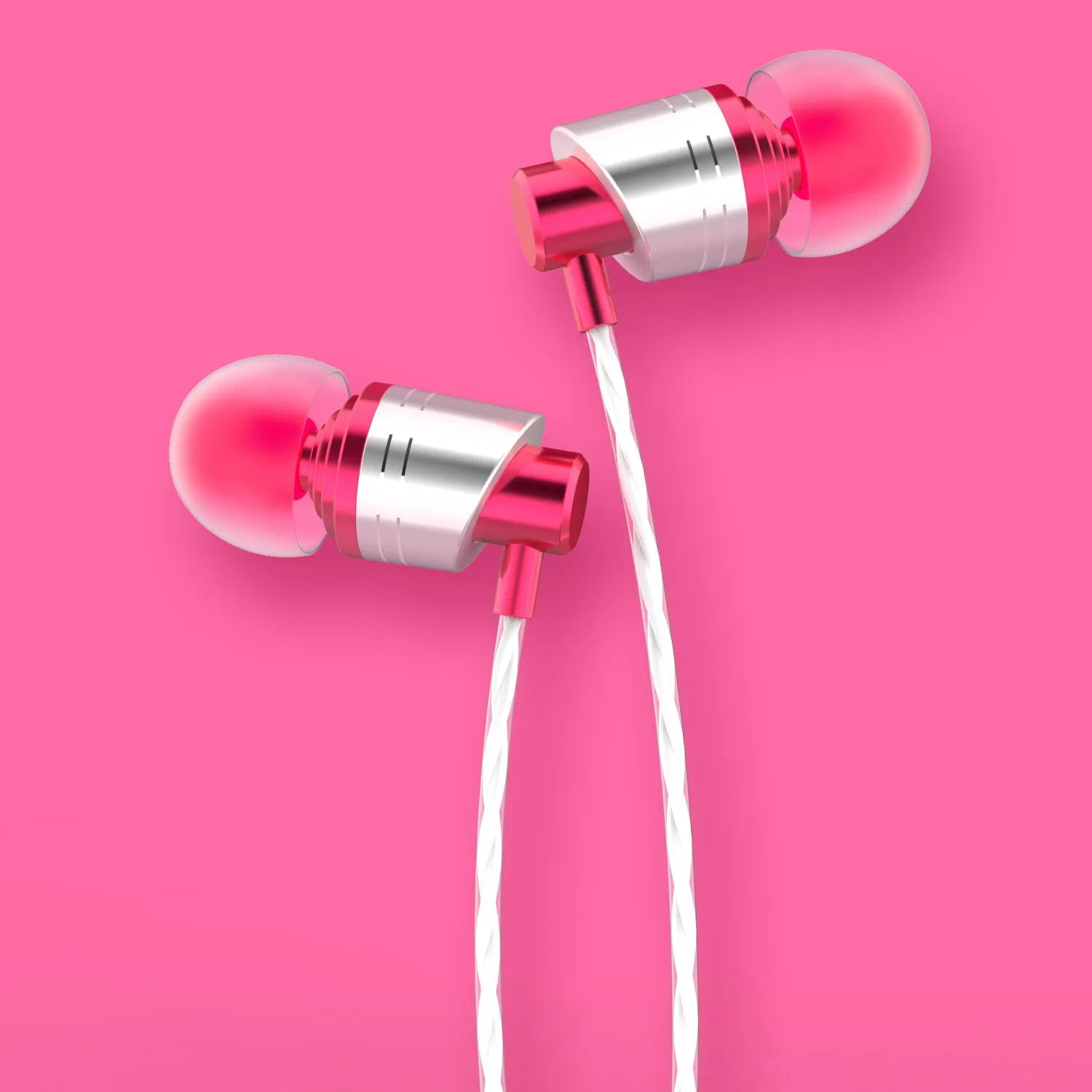 Wired in-ear headset with 3.5mm plug, microphone on cable, in black, blue, or red.