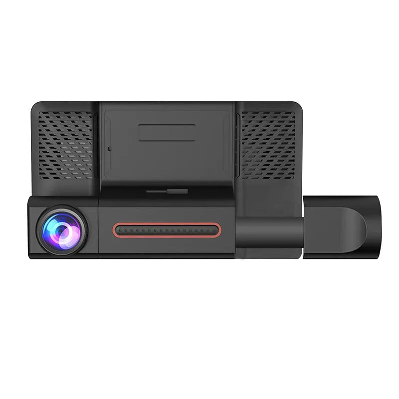Black three lens dashcam with 4-inch touchscreen display for front, rear, and interior vehicle recording