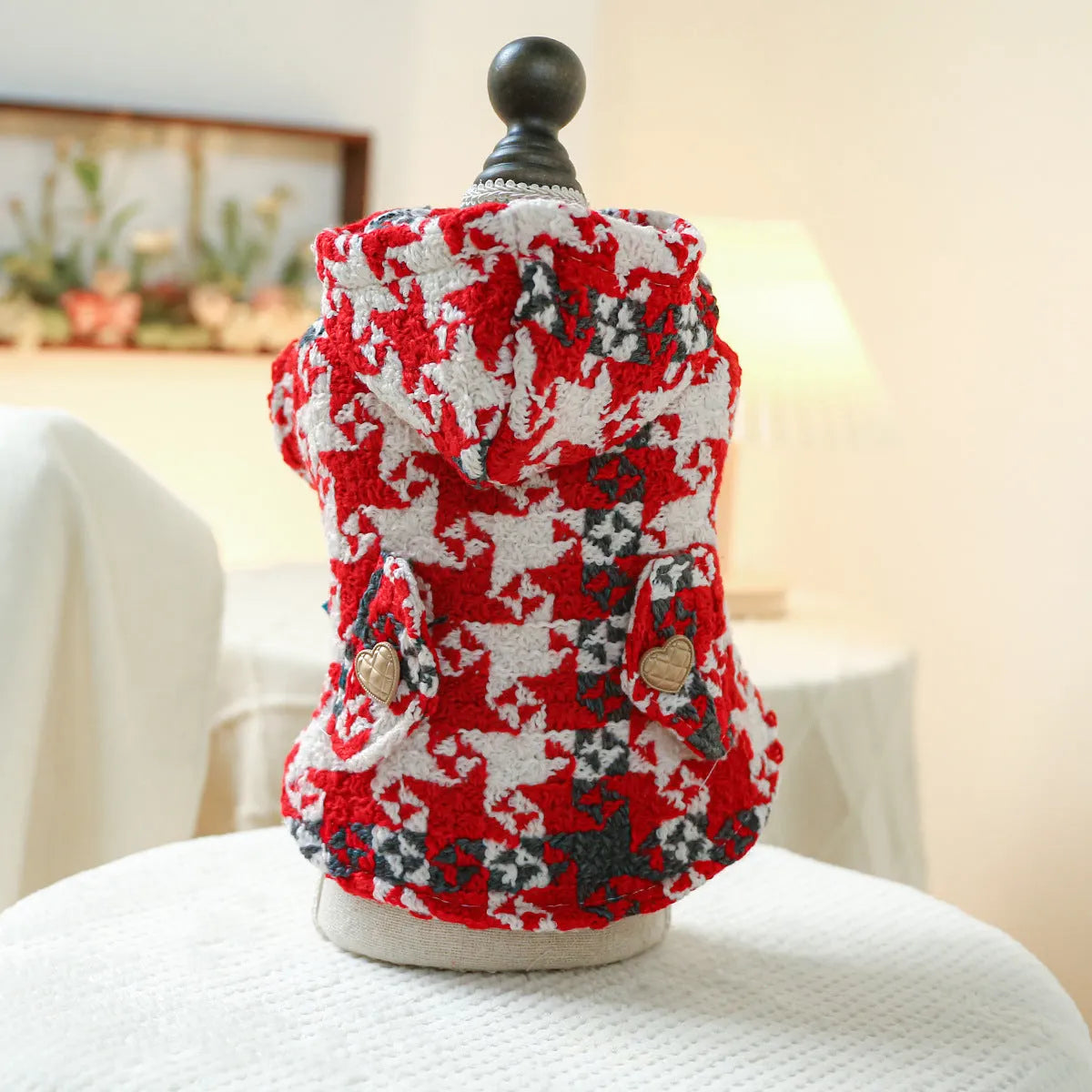 Red plaid polyester dog trench coat with measured sizing for autumn and winter warmth