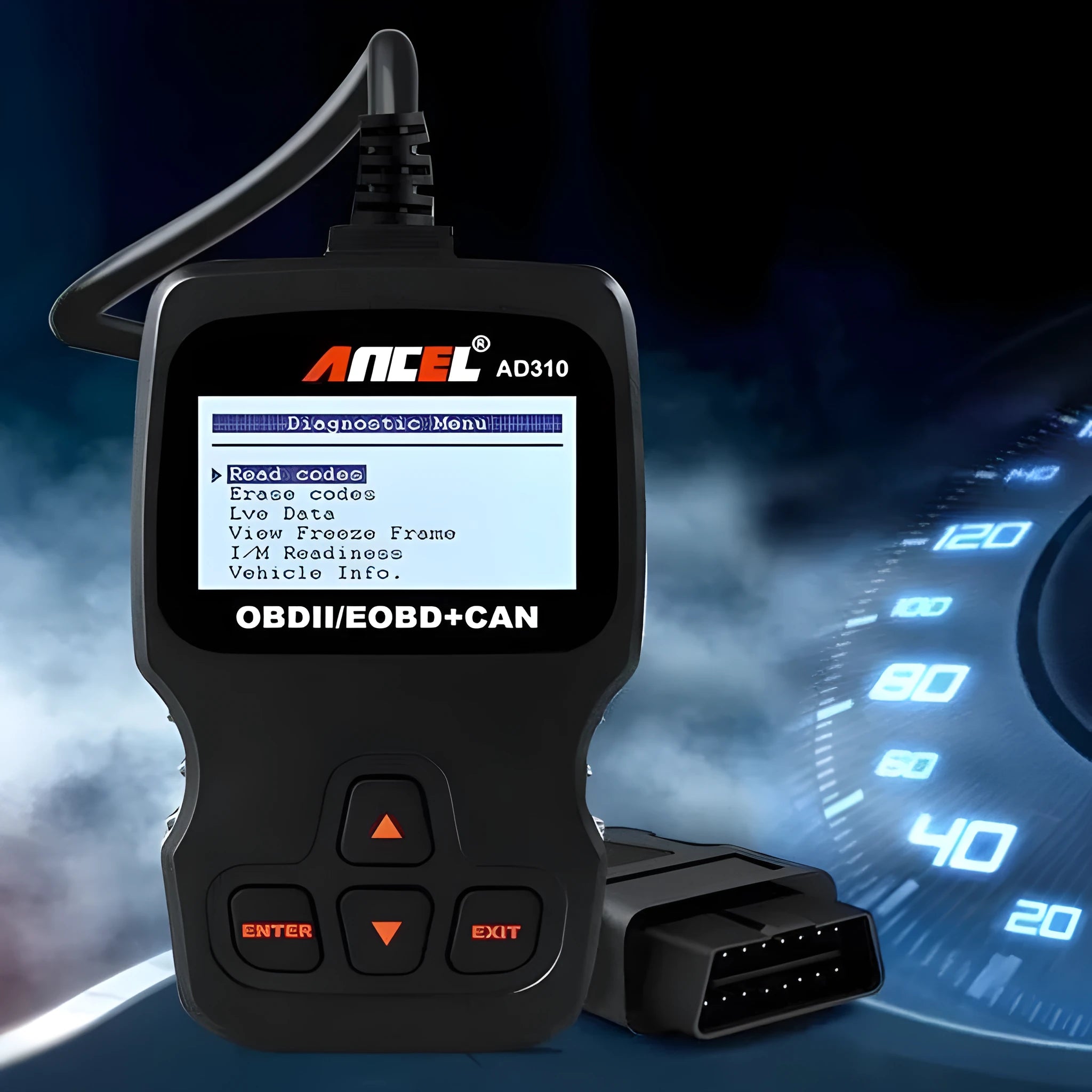 Black universal automobile fault detector scanner for engine diagnostics with 12V power supply