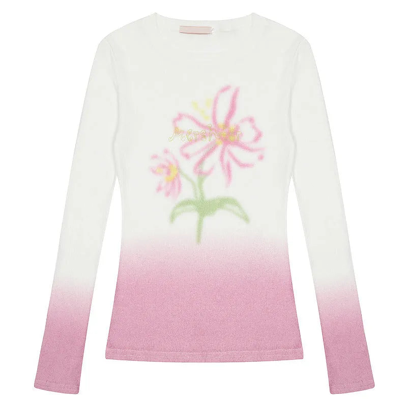 Women's gradient flower long-sleeved T-shirt in yellow green colour with floral pattern