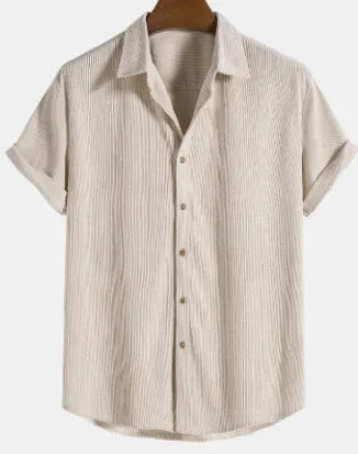 Men's casual short-sleeved polyester shirt in cardigan style showing colour options and extended sizing