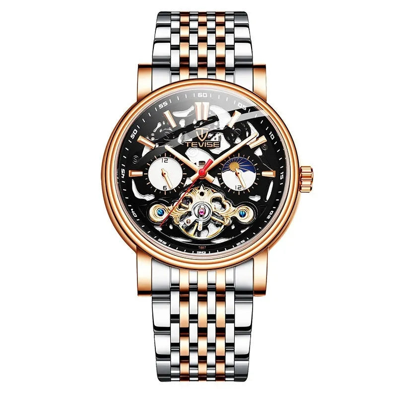 Men's black dial tourbillon mechanical watch with luminous hands on a leather strap.