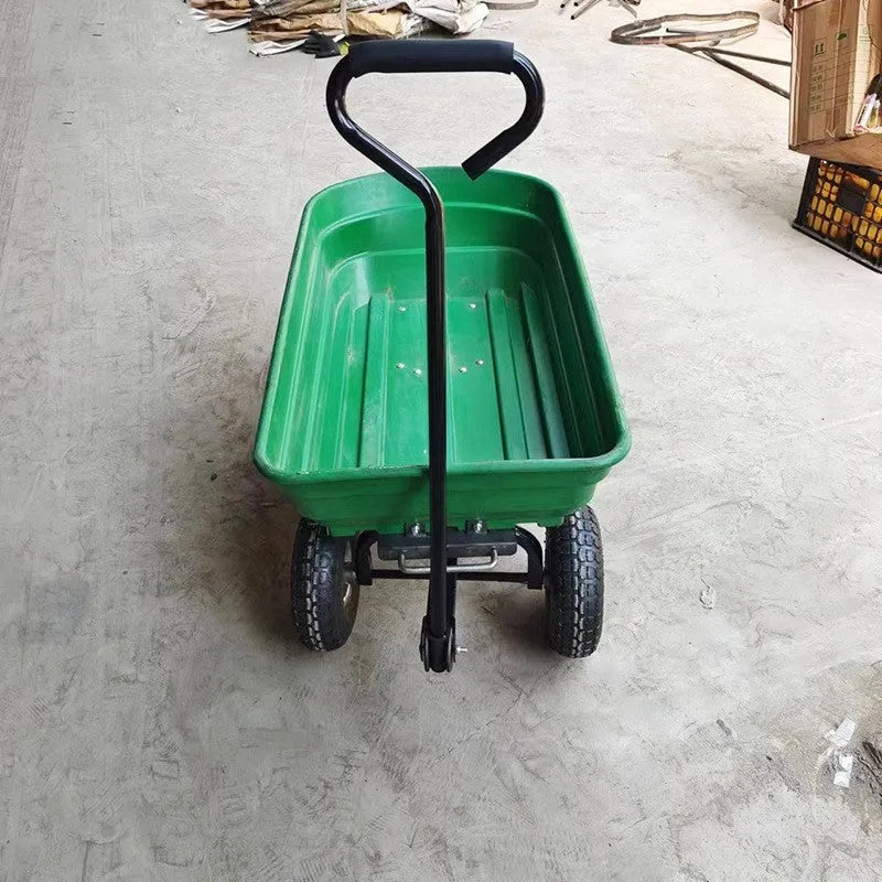 Green four-wheel plastic dump truck with a Steel PP body, model TC2145, for agricultural use.