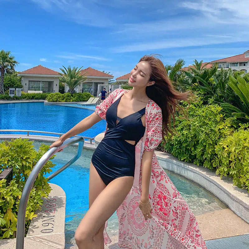 Women's dark blue one-piece swimsuit with Siamese cut-out and hollow open back design