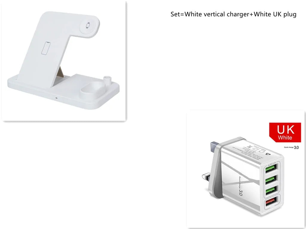 Black 4-in-1 wireless charging dock with phone on adjustable stand, Apple Watch and AirPods on charging modules